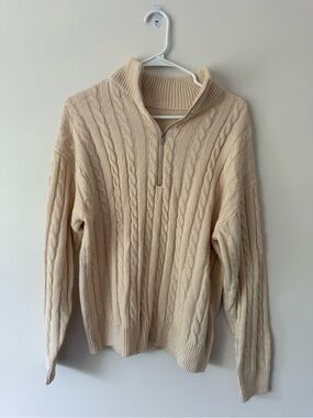 Men's Cream Cable-Knit Half-Zip Sweater